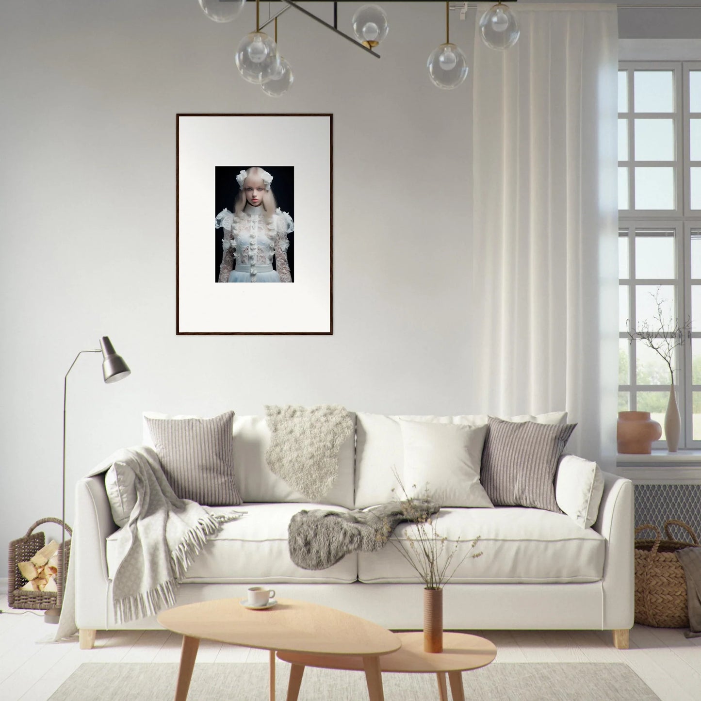 White sofa adorned with throw pillows and blankets.