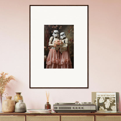 Framed artwork depicting two Stormtroopers wearing pink ballerina tutus.