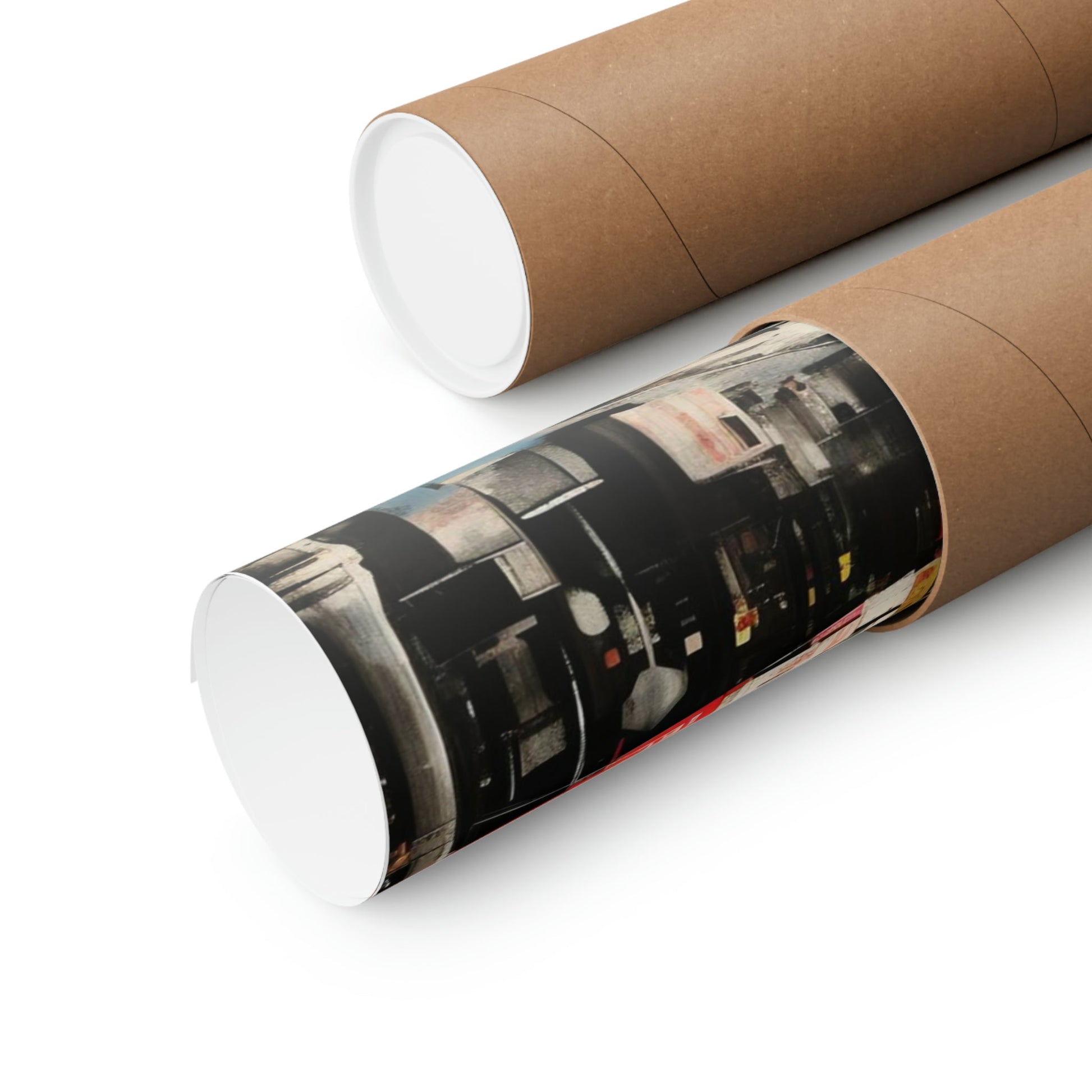 Cardboard mailing tubes, one plain and one with a printed image wrapped around it.