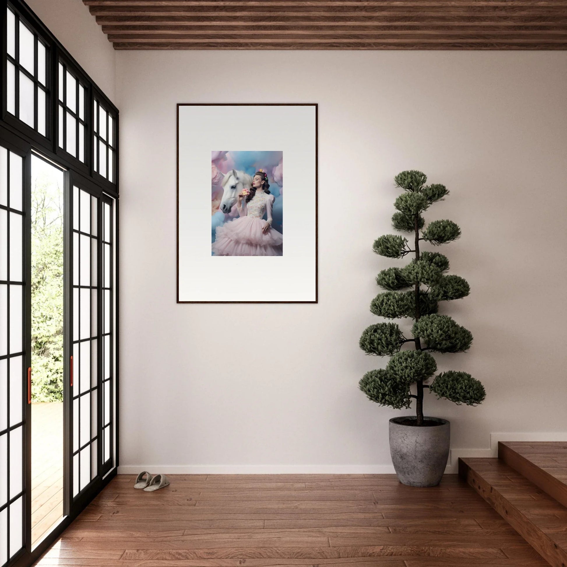 Framed abstract artwork featuring soft pastel colors and ethereal figures.