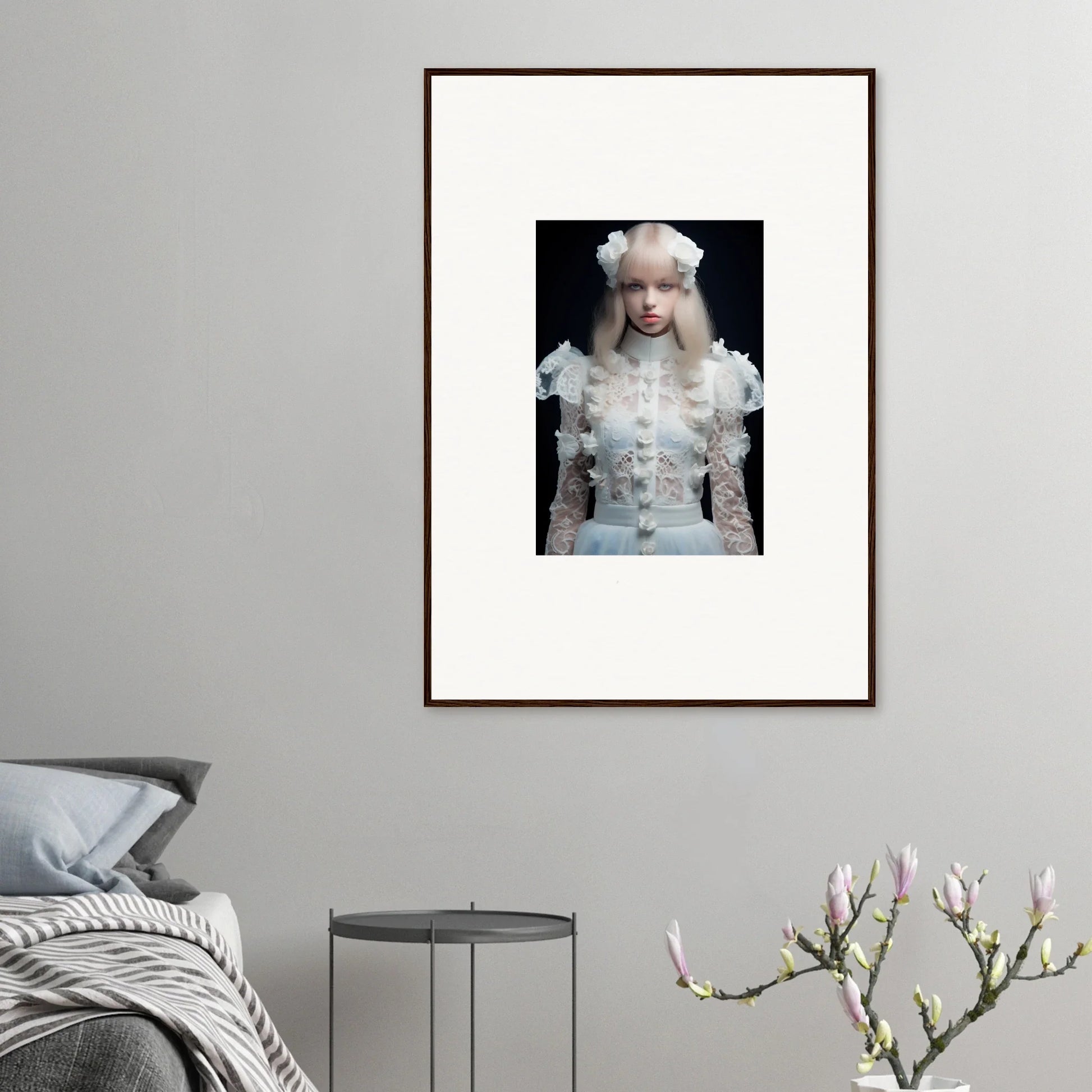 Framed portrait of a person with white hair and clothing in an ethereal, fantasy-like style.