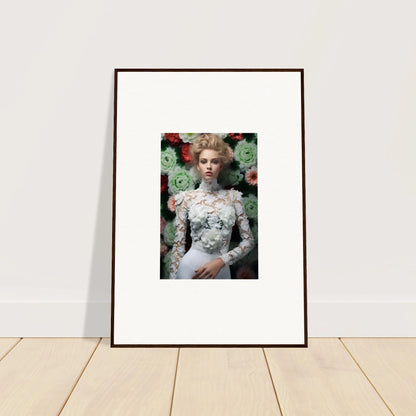 Framed portrait photograph of a woman in an ornate white dress surrounded by flowers.