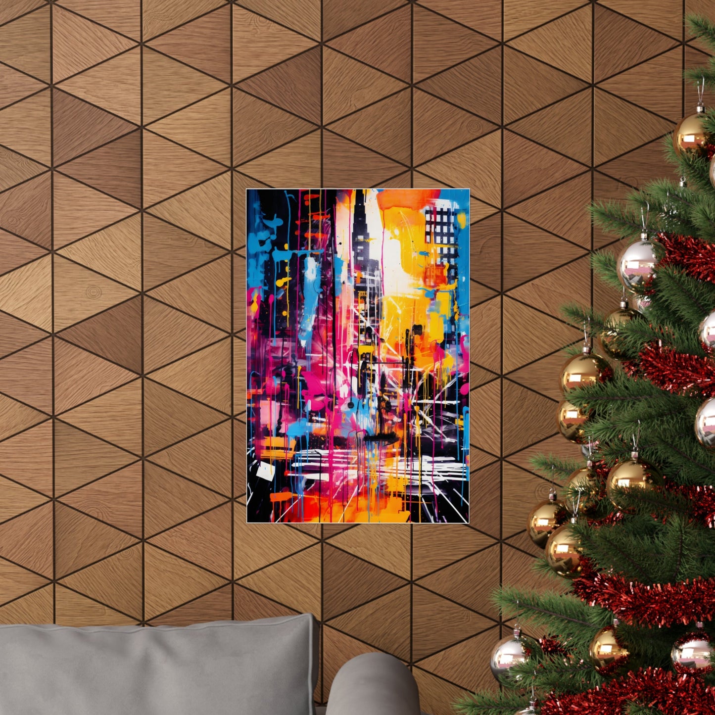 Vibrant abstract cityscape painting with colorful geometric shapes and buildings.