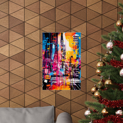 Vibrant abstract cityscape painting with colorful geometric shapes and buildings.