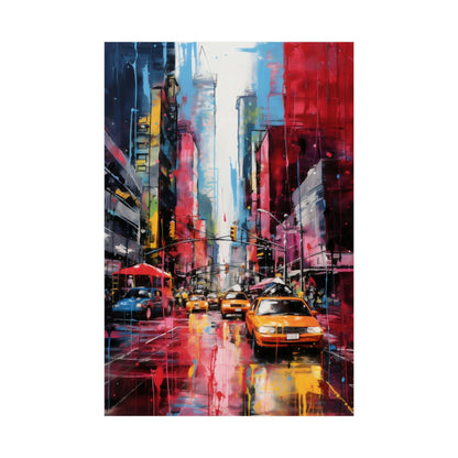 Colorful abstract painting of a bustling city street with taxis and skyscrapers.