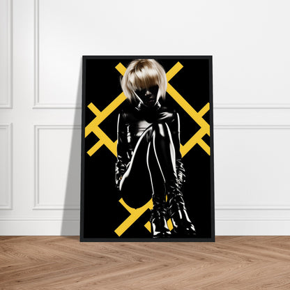 Framed artwork depicting a silhouetted figure against yellow crossed lines on a black background.