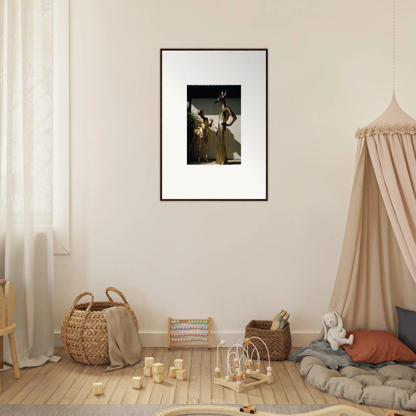 Framed photograph of two figures in white outfits against a dark background.