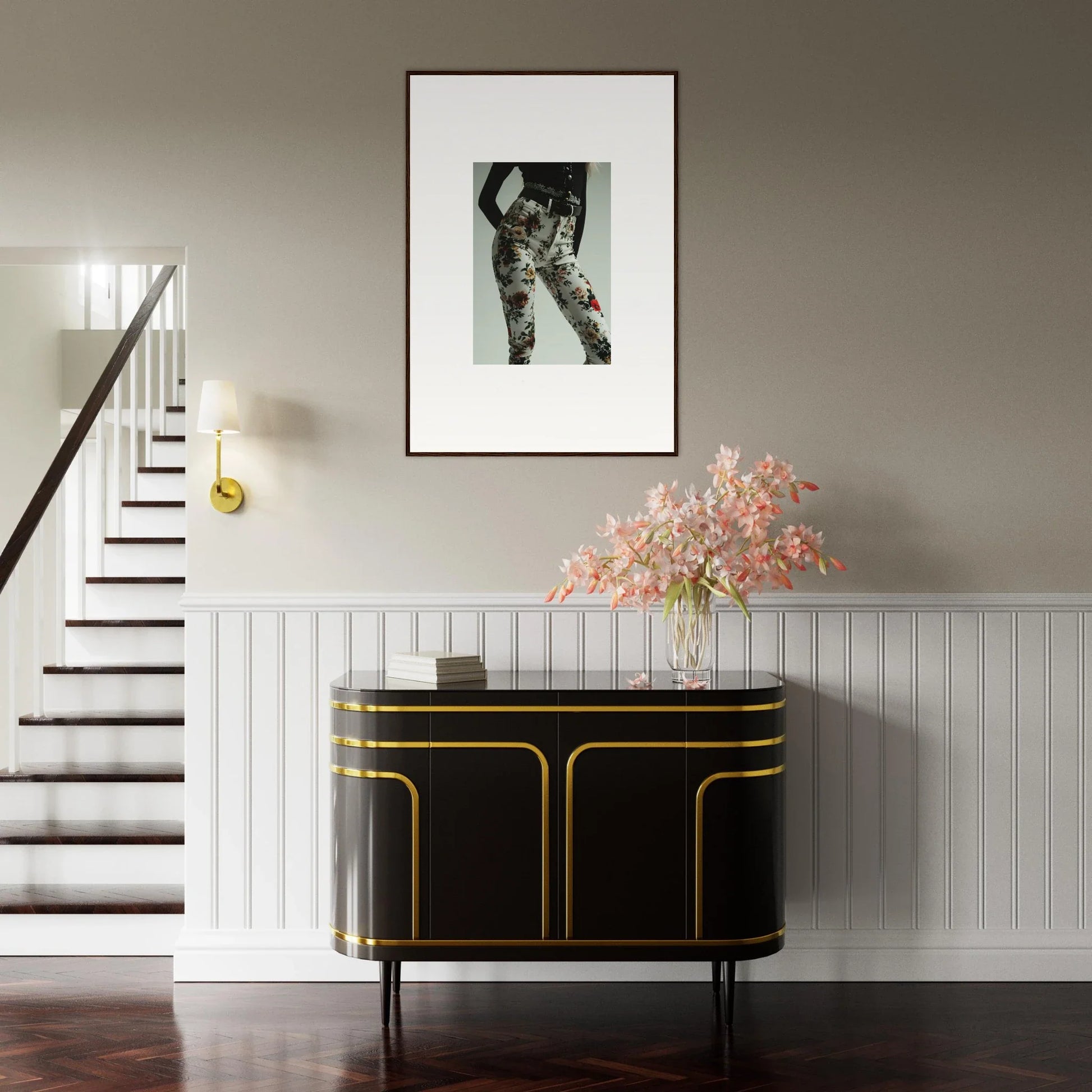 Elegant black and gold sideboard with curved edges and sleek design.