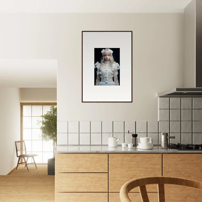 Framed black and white photograph of a dog hanging on a wall.