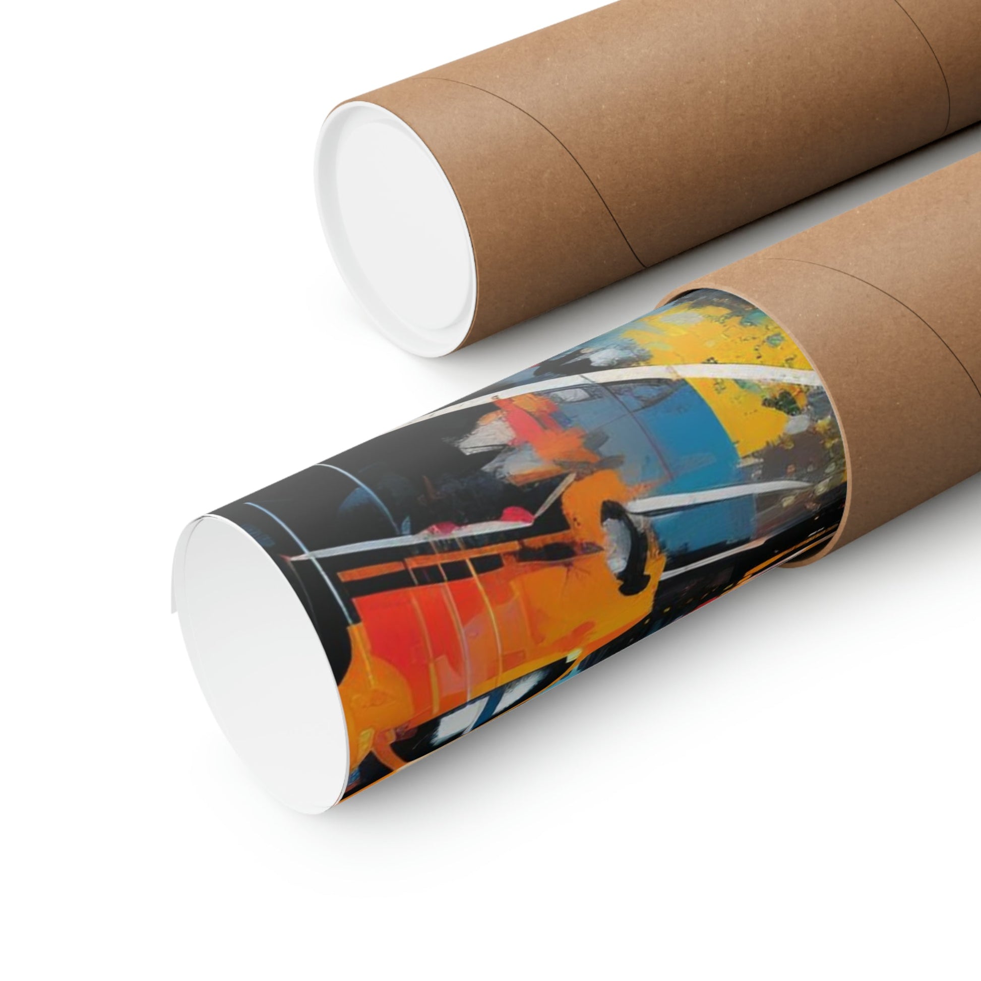 Cardboard mailing tubes, one with a colorful abstract design printed on it.