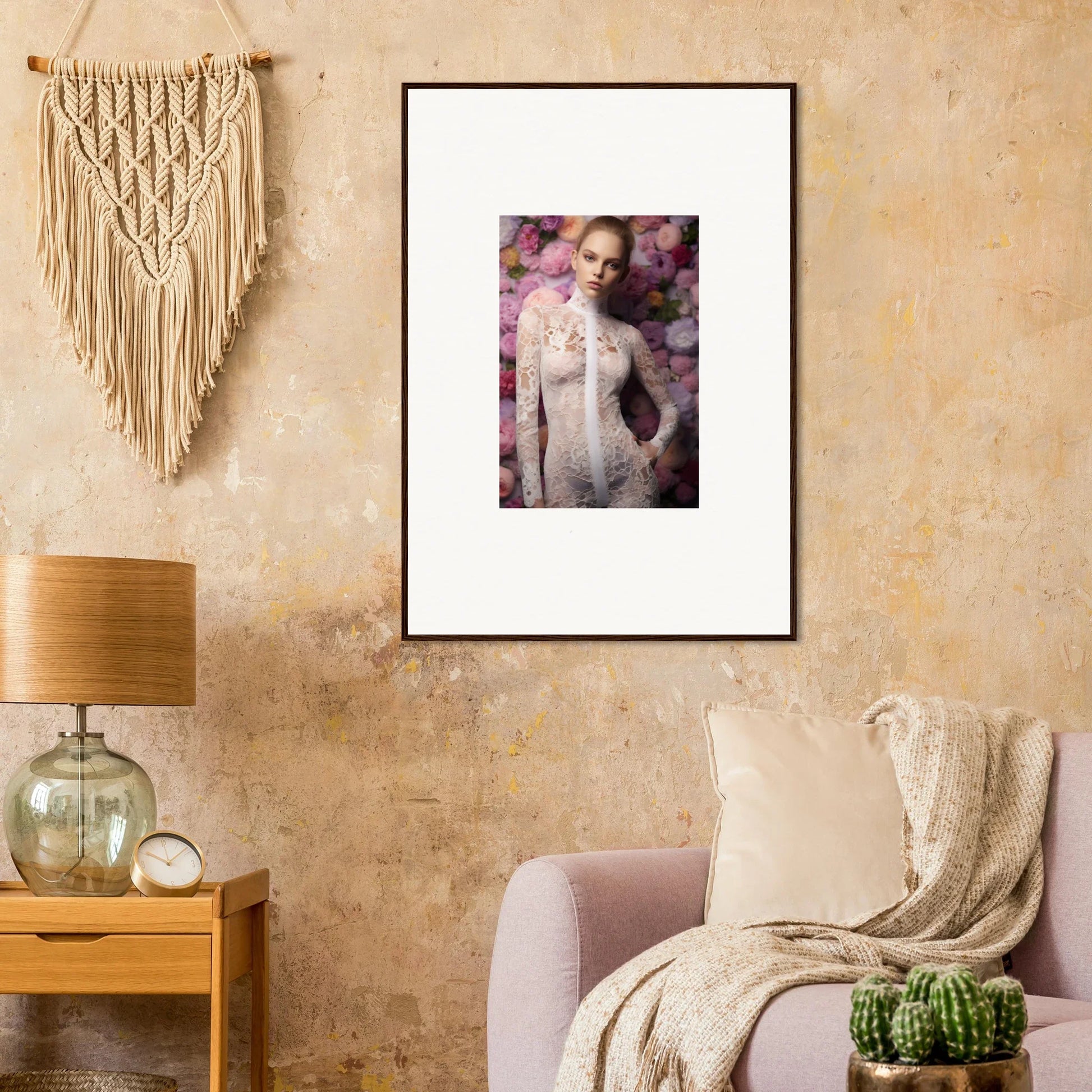 Framed portrait of a person surrounded by pink flowers.