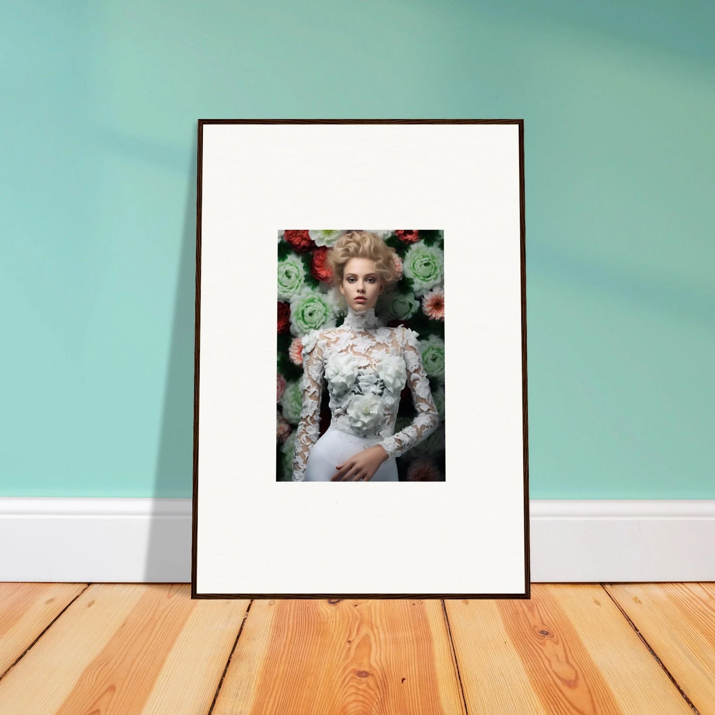 Framed portrait photograph of a woman in an ornate white dress surrounded by flowers.