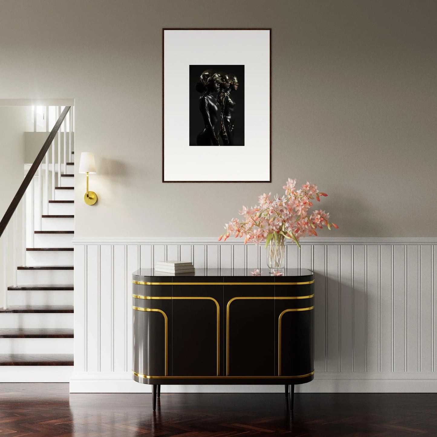 Elegant black and gold sideboard with curved edges and sleek design.