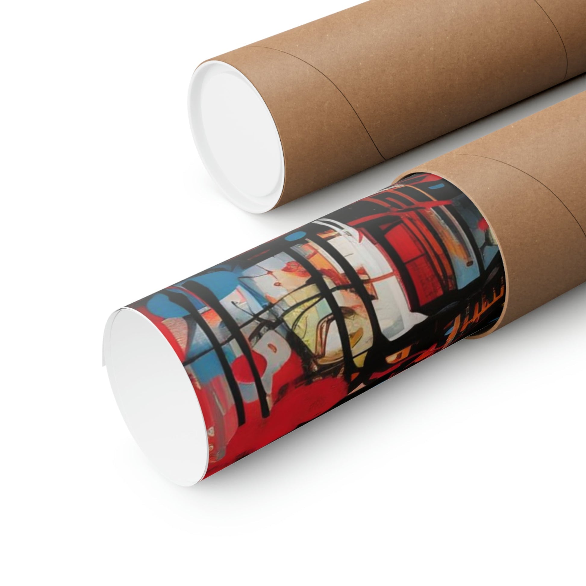 Cardboard mailing tube with colorful abstract artwork printed on one section.