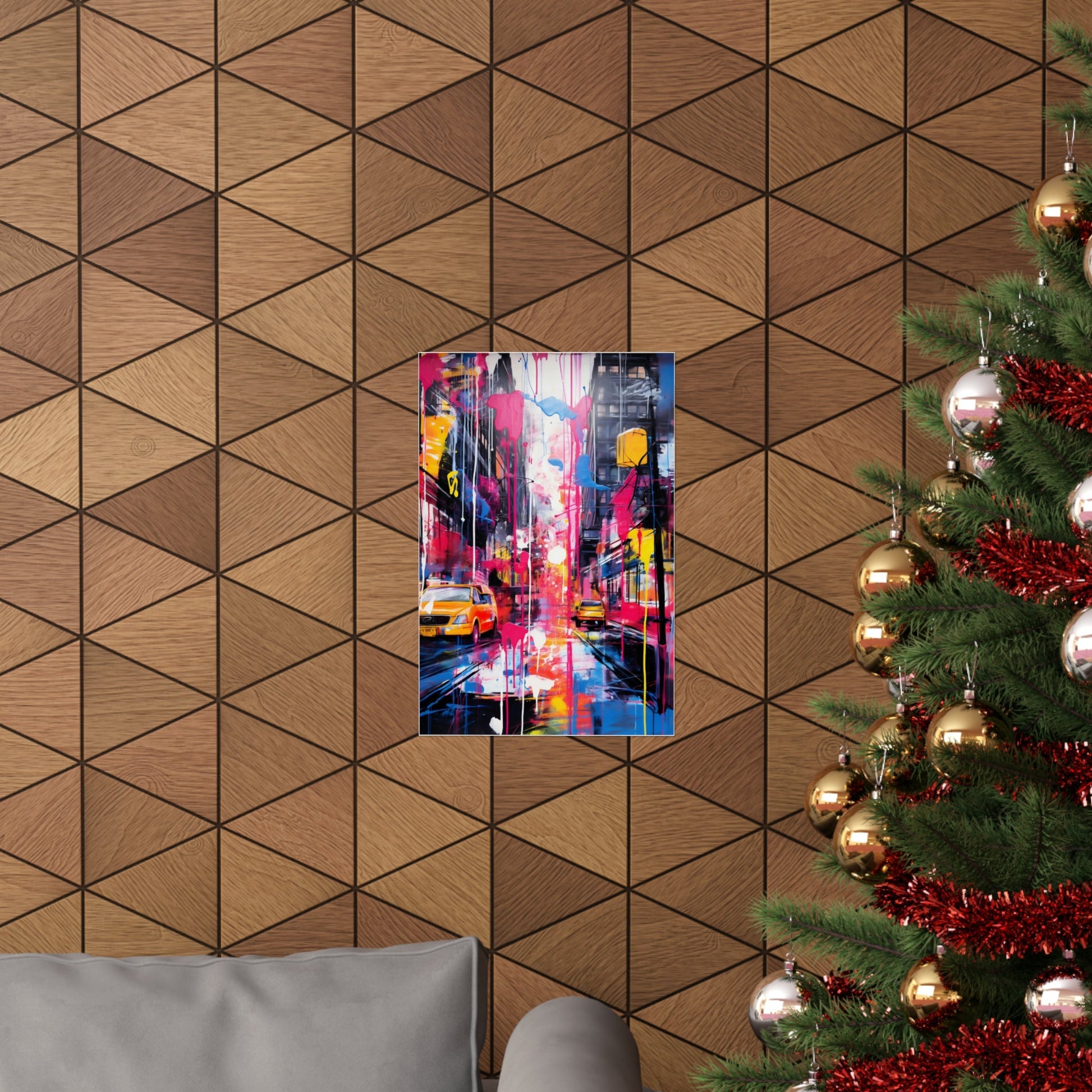 Colorful abstract painting of a city street scene hanging on a geometric patterned wall.