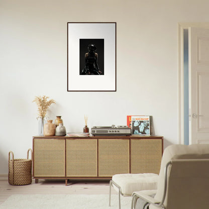 Wooden sideboard with cane-webbed doors and decorative objects on top.