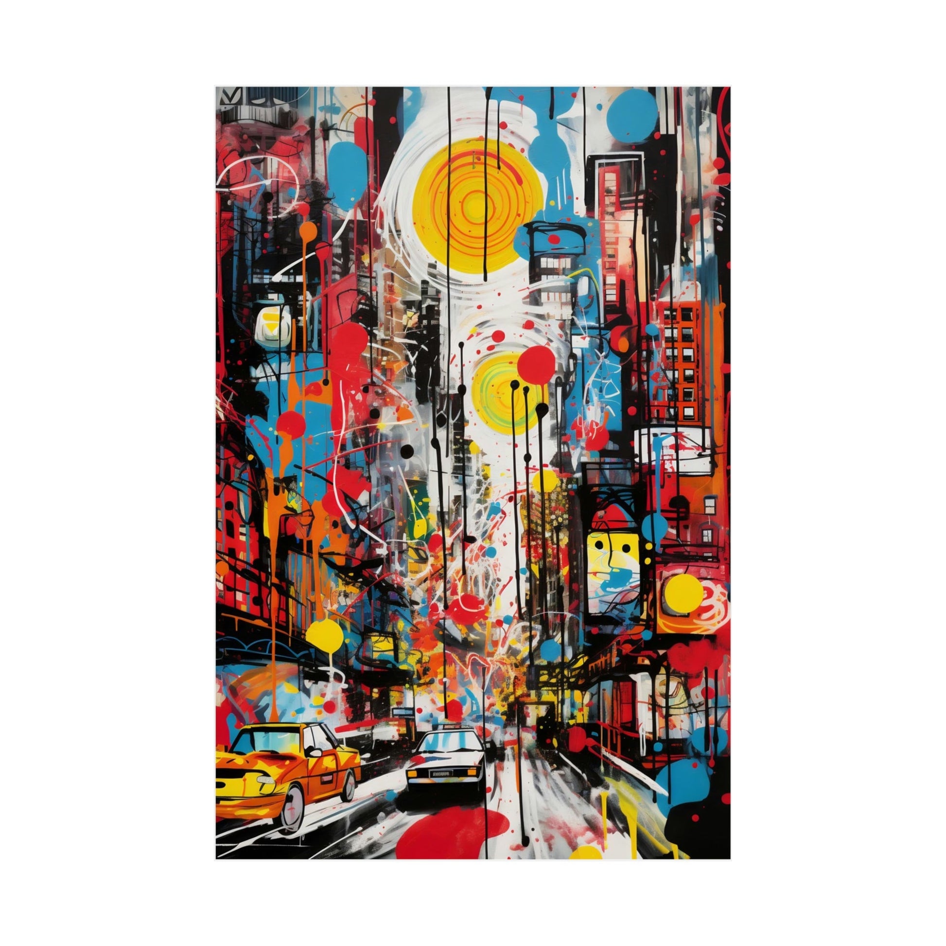 Vibrant, abstract cityscape painting featuring colorful buildings, cars, and a stylized sun.