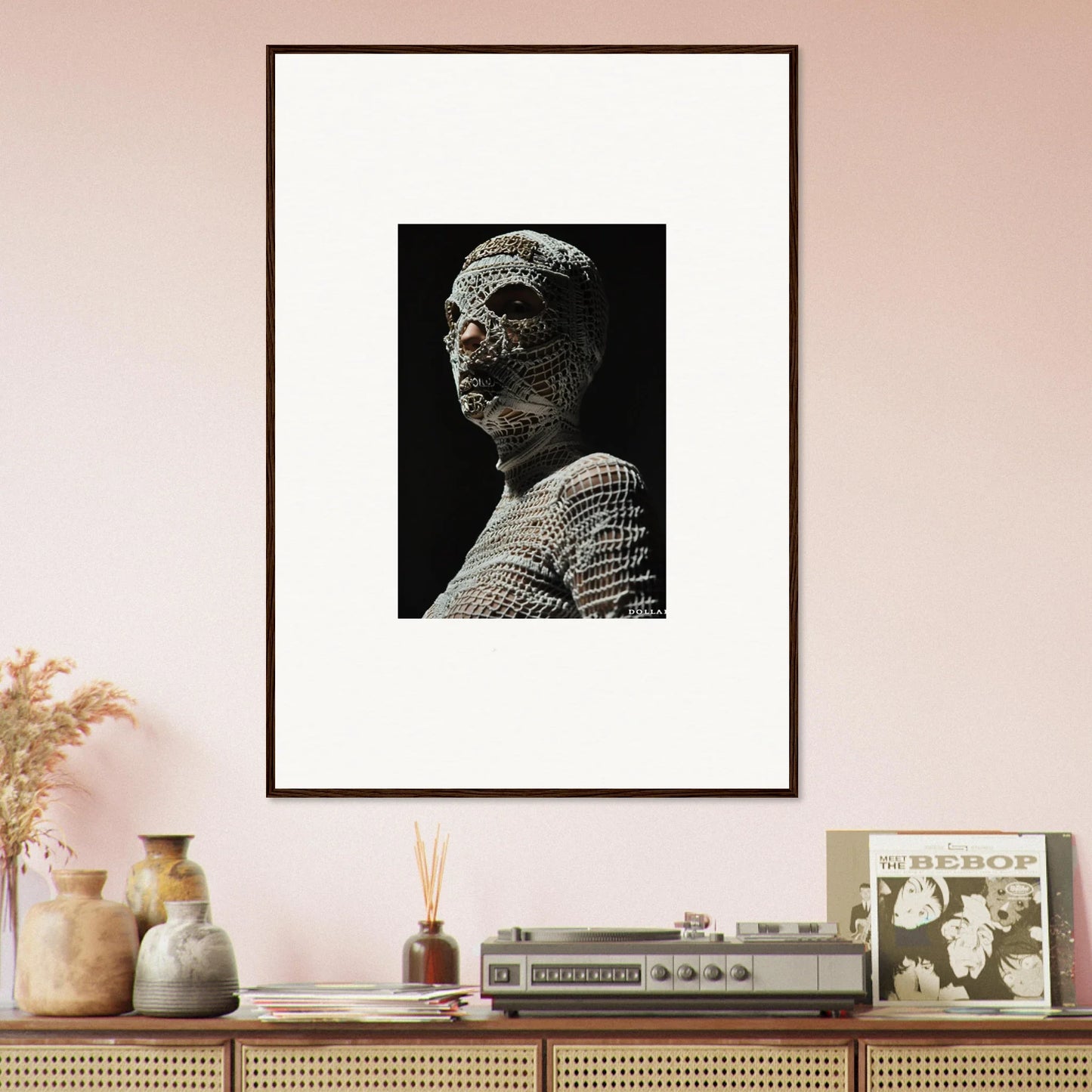 Framed black and white photograph of a terracotta warrior statue.