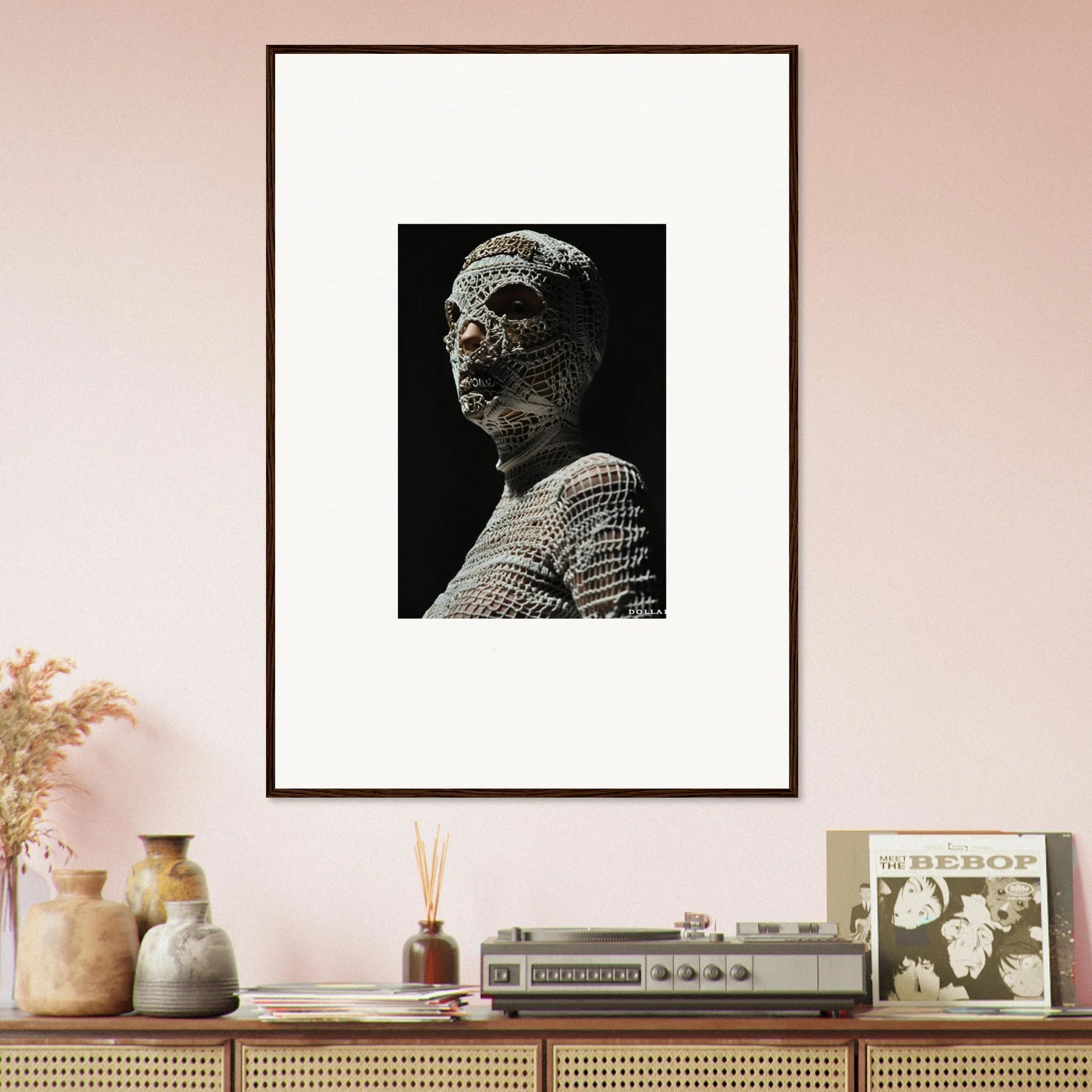 Framed black and white photograph of a terracotta warrior statue.