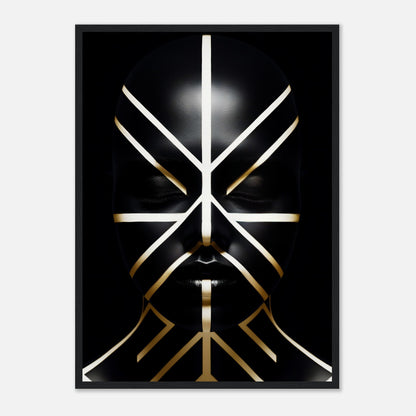 Abstract geometric design resembling a stylized face or mask composed of intersecting white and gold lines on a black background.