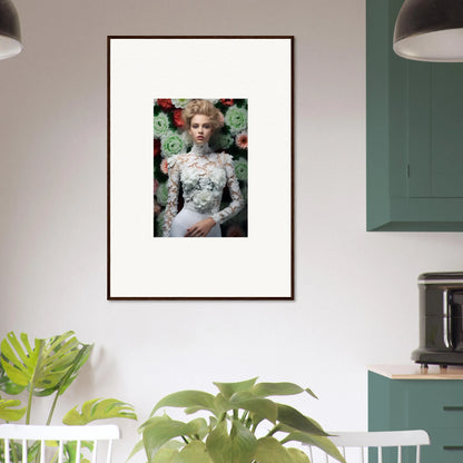 Framed portrait of a woman in an ornate white lace dress surrounded by flowers.