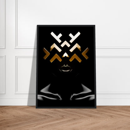 Abstract art print featuring geometric shapes and stylized facial features on a black background.