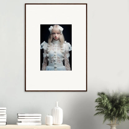 Framed portrait photograph of a person with pale skin and white hair wearing an ornate white outfit.