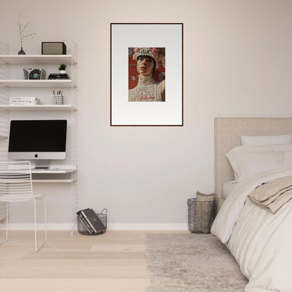 Framed portrait of a person wearing an ornate headdress and pearl-adorned clothing.