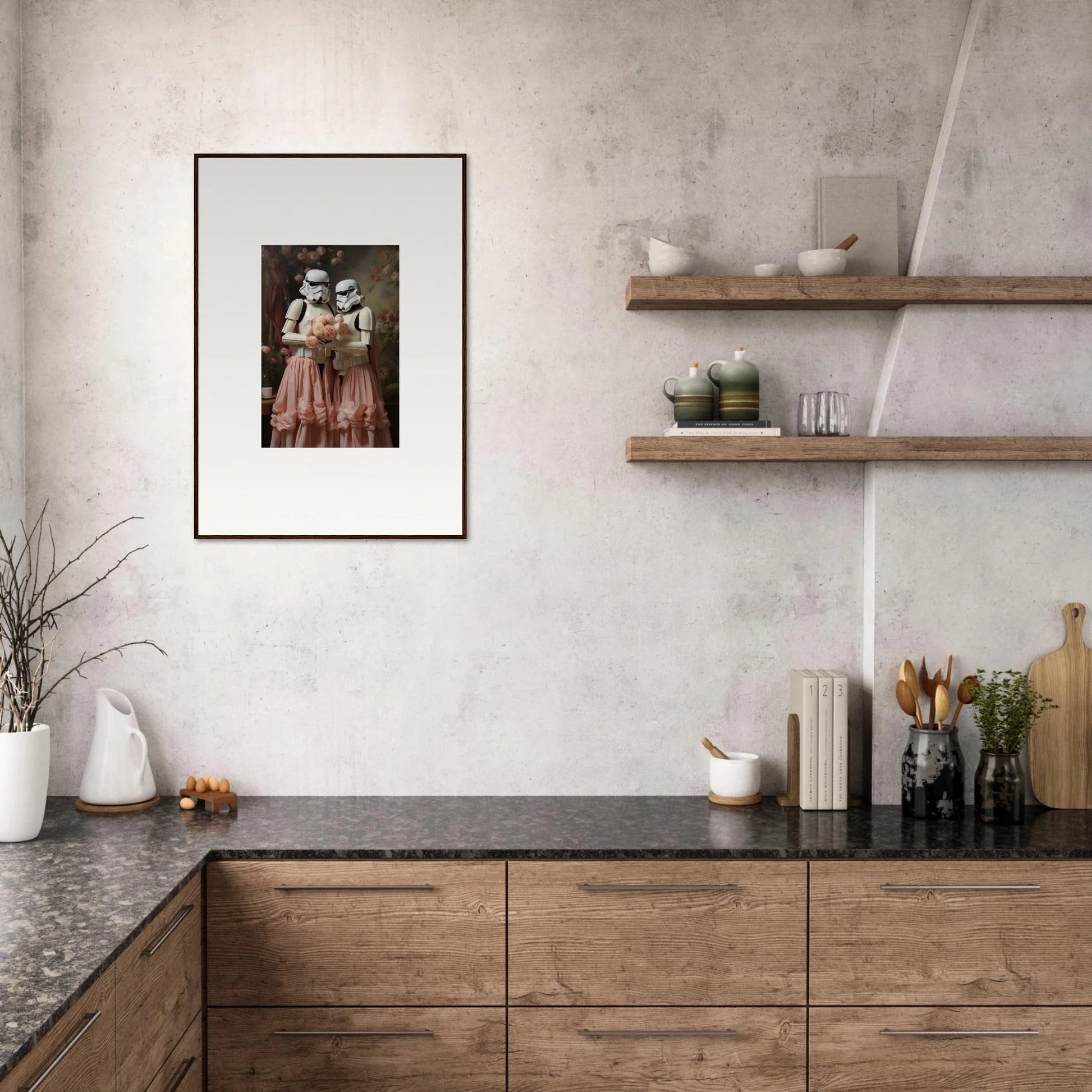 Modern kitchen with wooden cabinetry, stone countertop, and floating shelves.