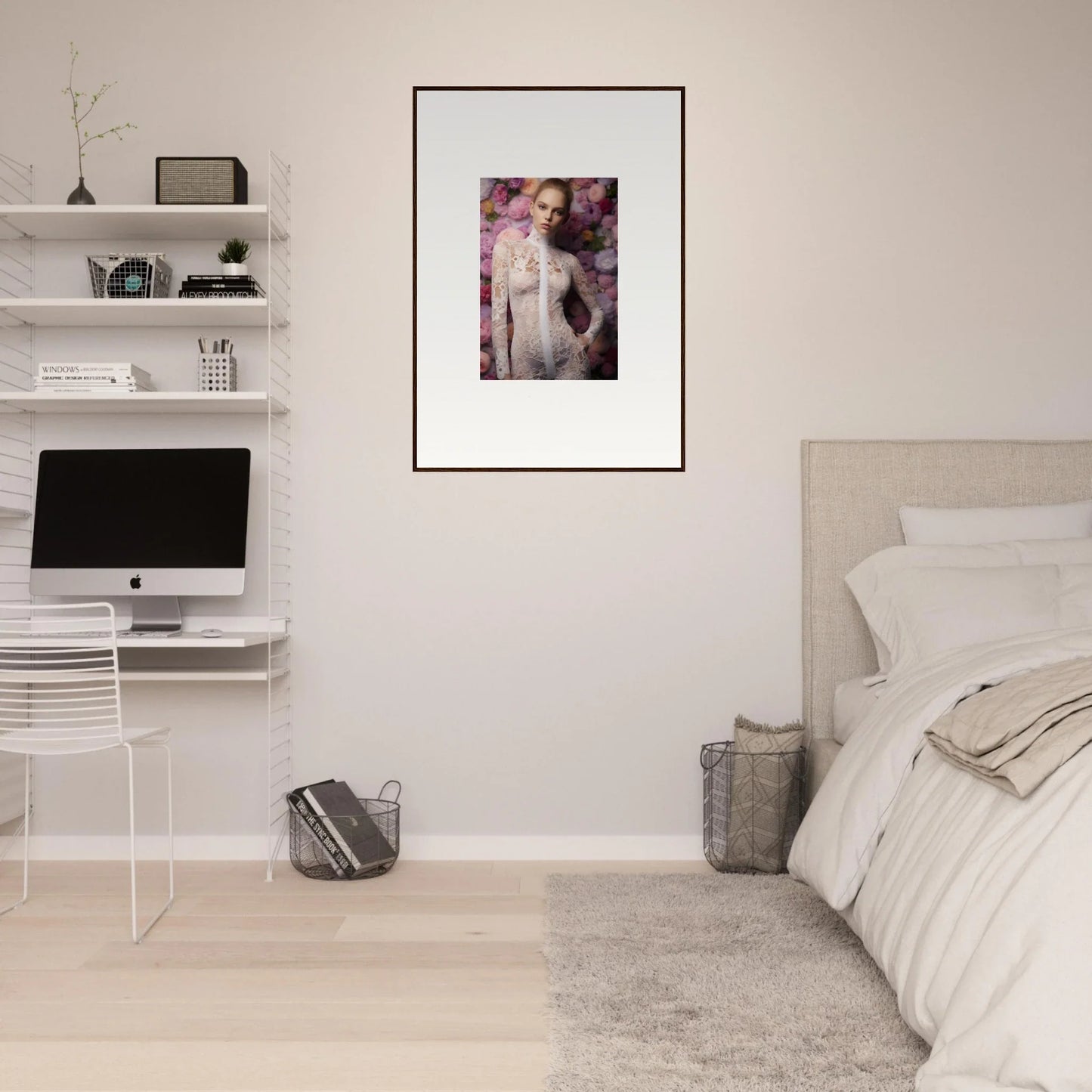 Framed artwork depicting a figure in soft, ethereal tones.