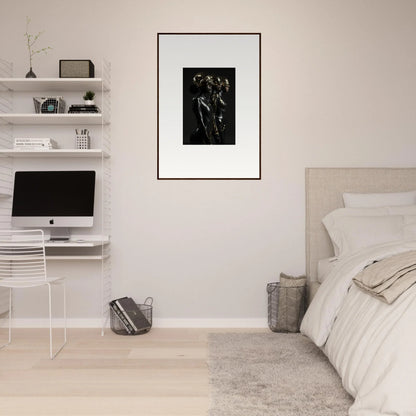 Minimalist bedroom with white walls, floating shelves, and a framed black and white artwork.