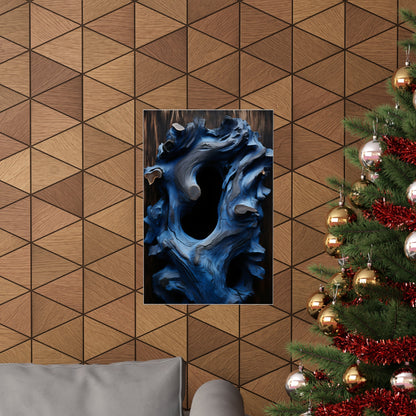 Decorated Christmas tree next to a wall with geometric patterns and abstract blue artwork.