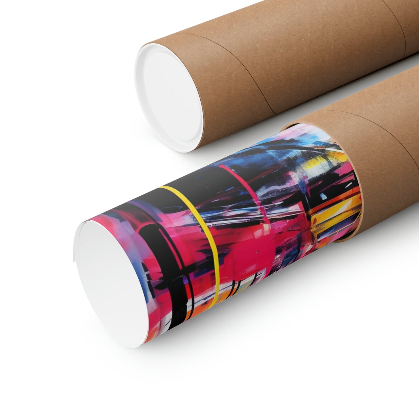 Cardboard mailing tubes, one plain and one with a colorful abstract design wrapped around it.