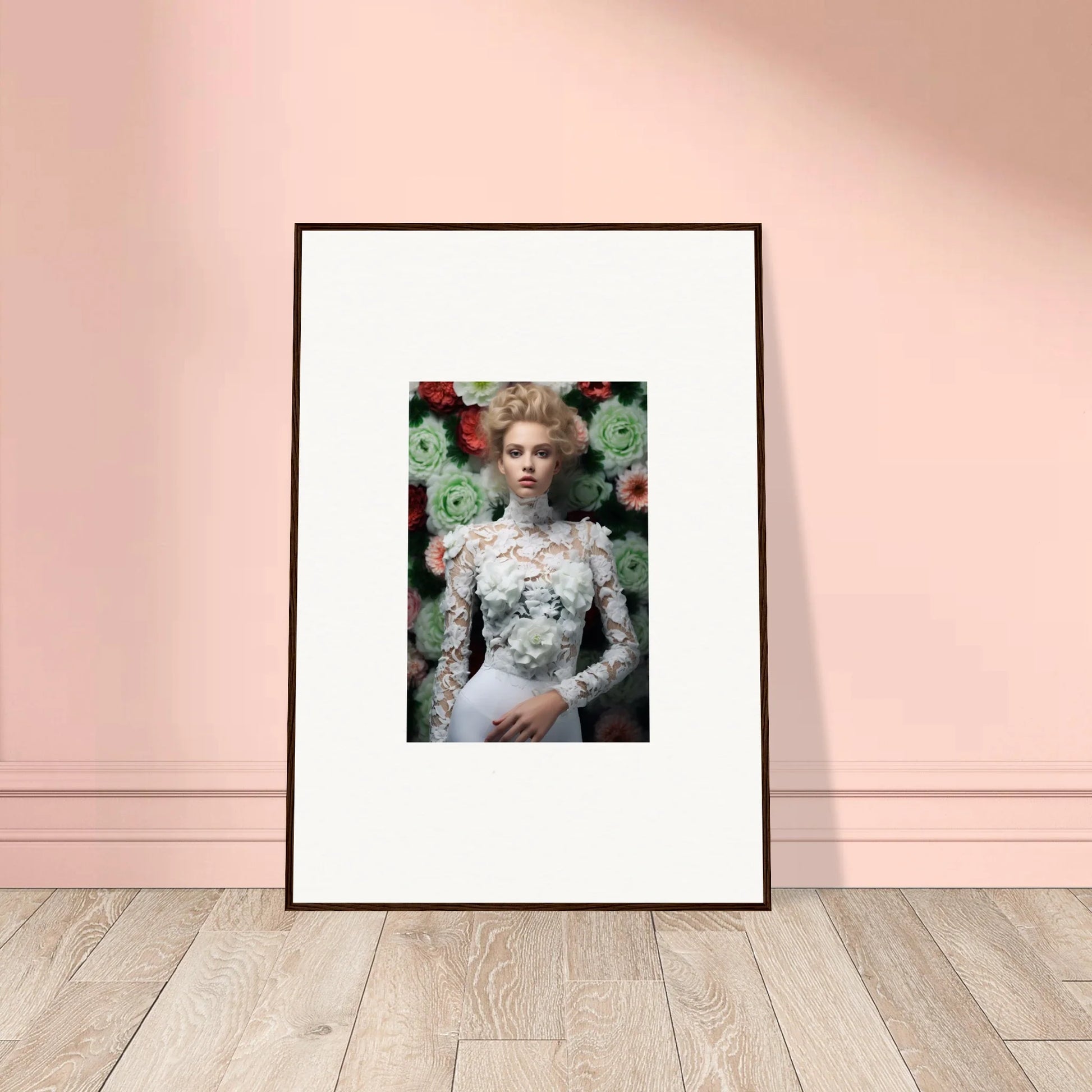 Framed portrait photograph of a person wearing an ornate white lace dress against a floral background.