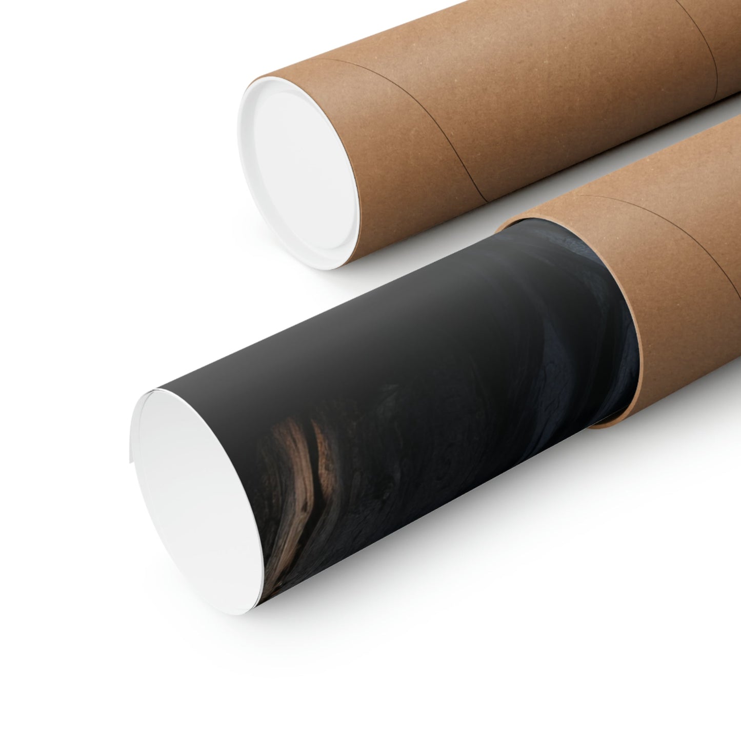 Cylindrical tubes or rolls, one with a black exterior and one with a brown exterior, both showing white ends.