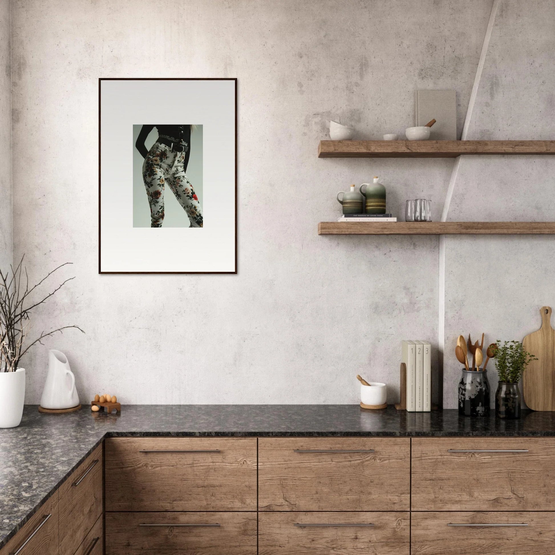 Modern kitchen with wooden cabinets, dark countertops, and floating shelves.