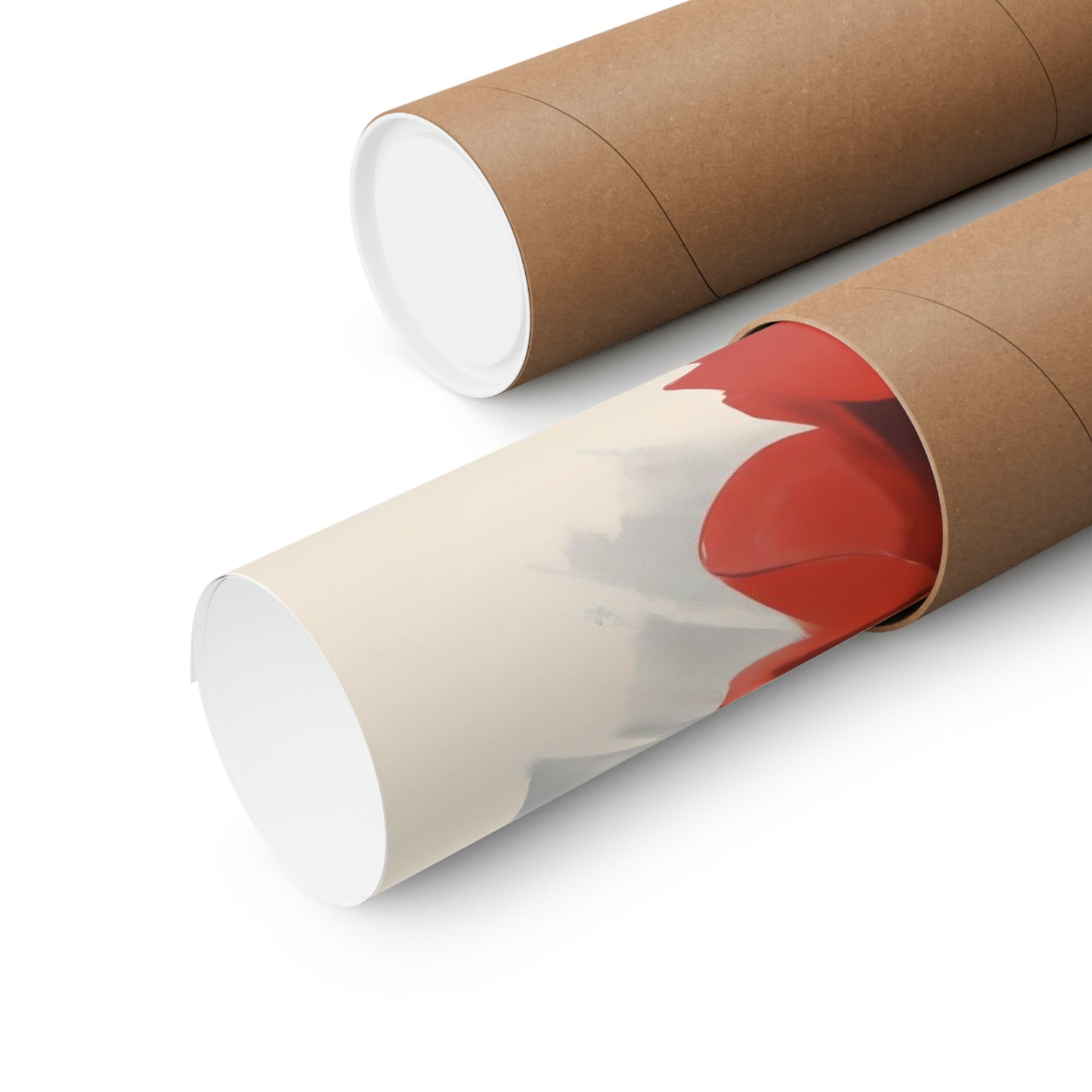 Cardboard mailing tubes, one open to reveal a red interior lining.