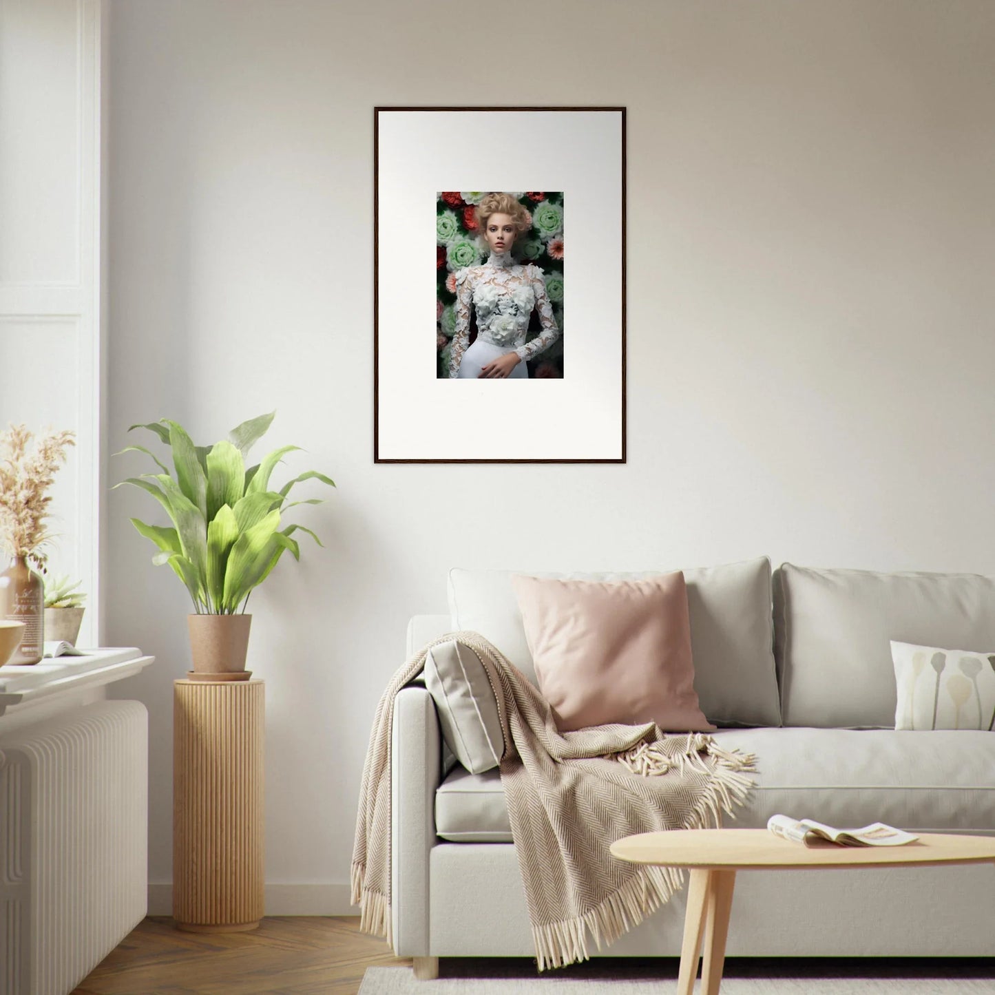 Framed portrait of a person in a white dress against a floral background.