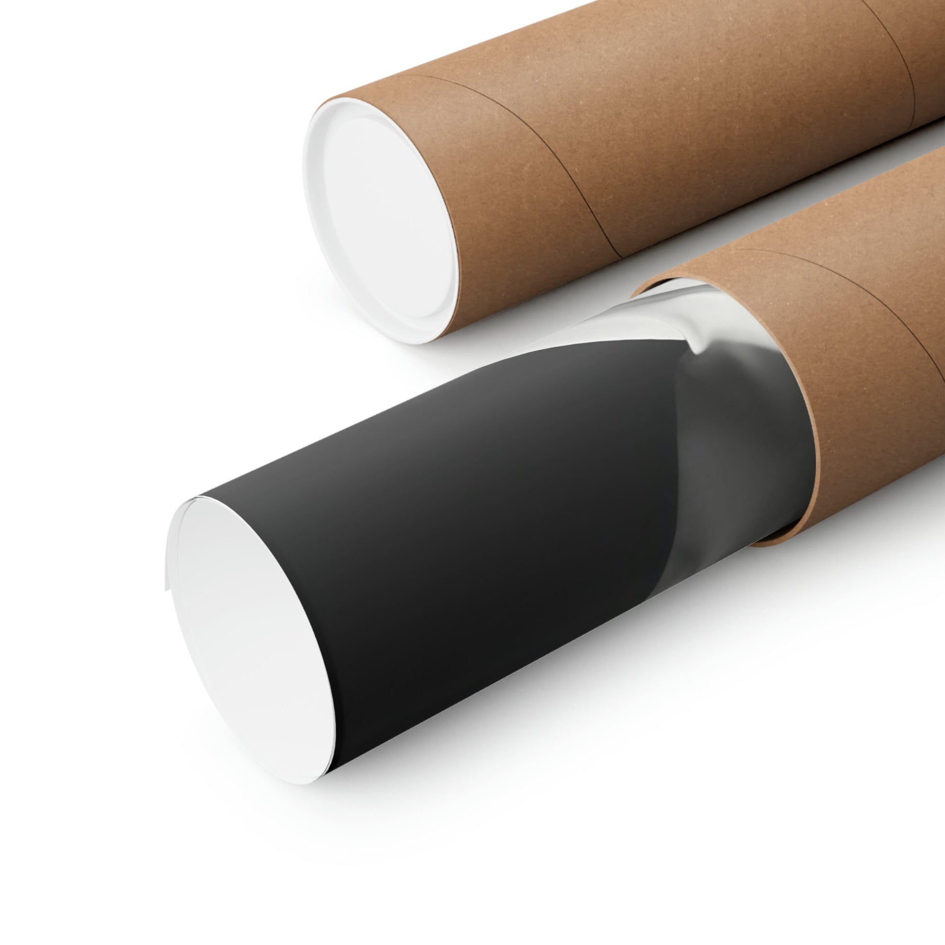 Cylindrical cardboard tubes or mailing tubes, one partially wrapped in black paper.