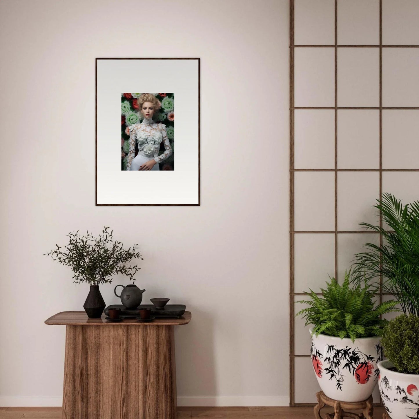 Framed portrait photograph of a woman in a white lace dress surrounded by greenery.