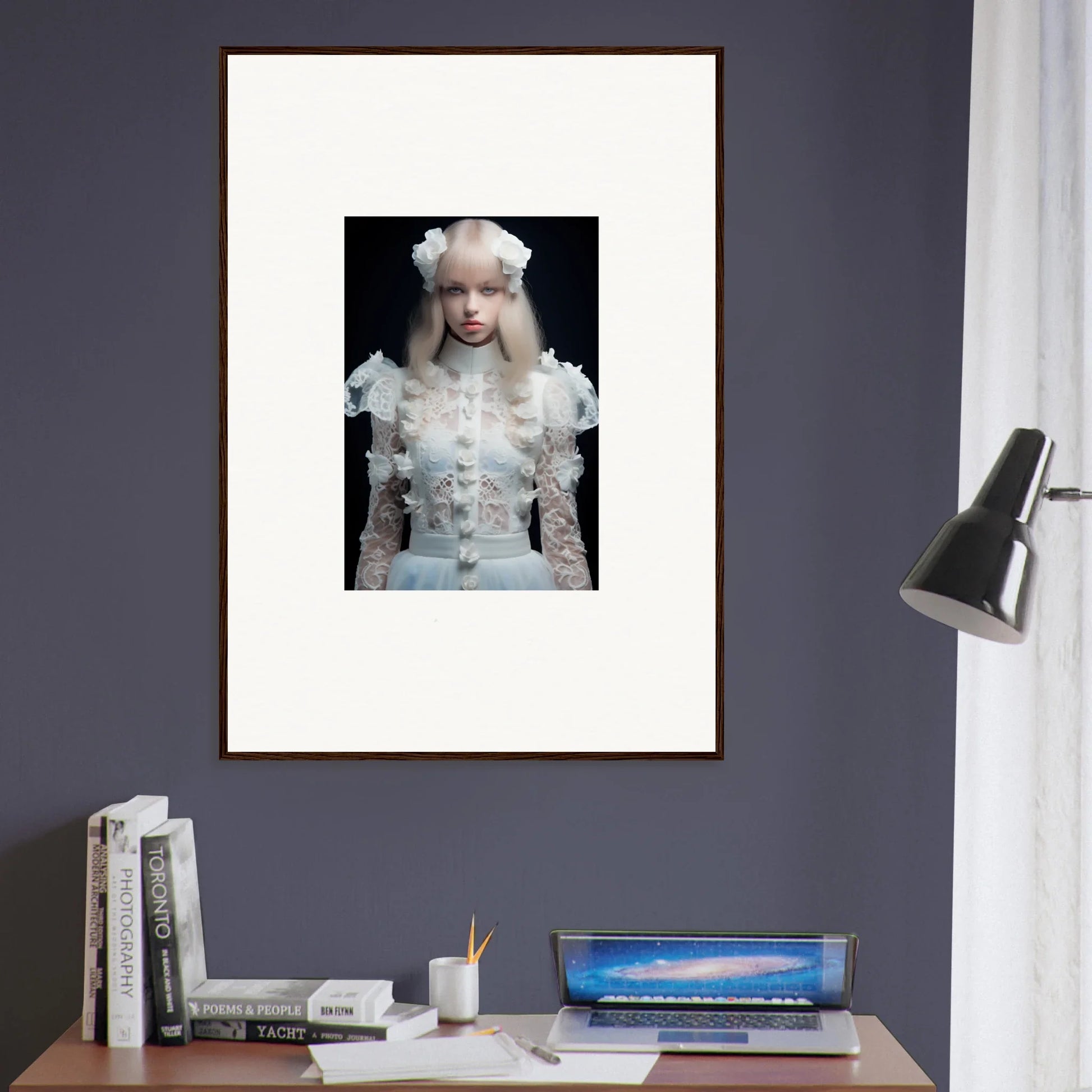 Framed portrait of a person wearing an ornate white outfit and hat against a dark background.