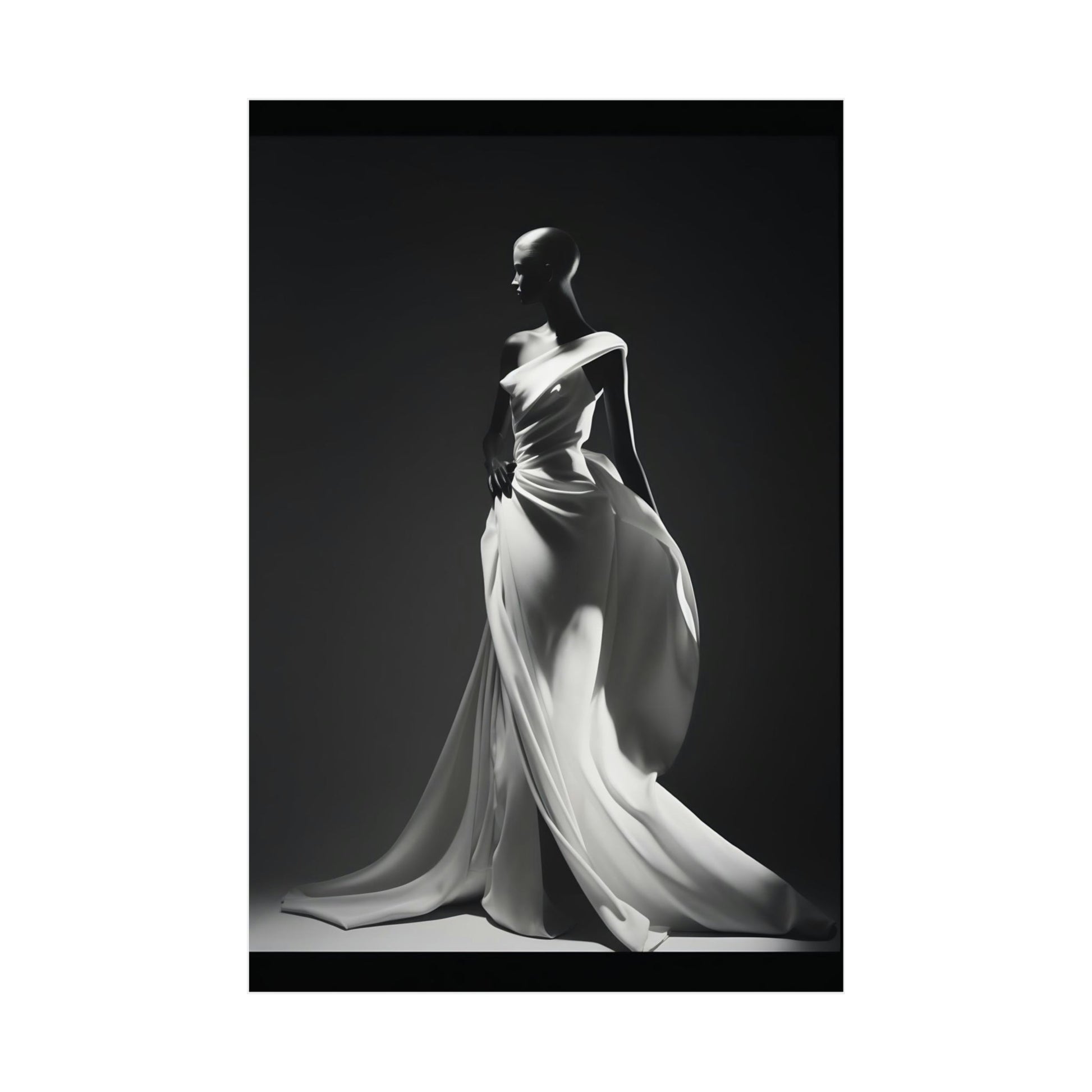 Elegant figure in a flowing white gown with dramatic draping.