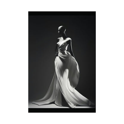 Elegant figure in a flowing white gown with dramatic draping.