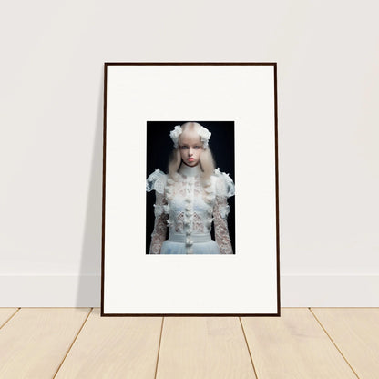 Framed photograph of a person wearing an elaborate white costume with a dramatic hairstyle.