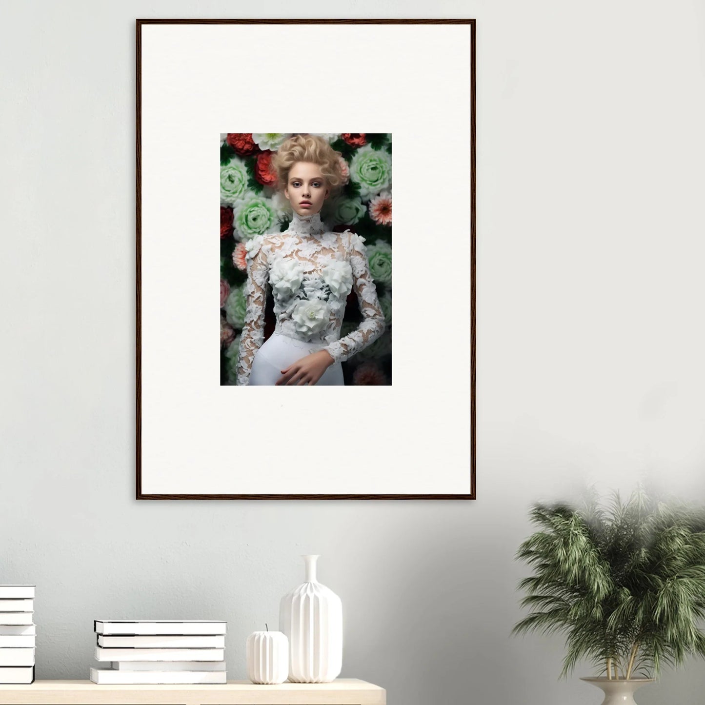 Framed portrait of a woman in an ornate white lace dress surrounded by flowers.