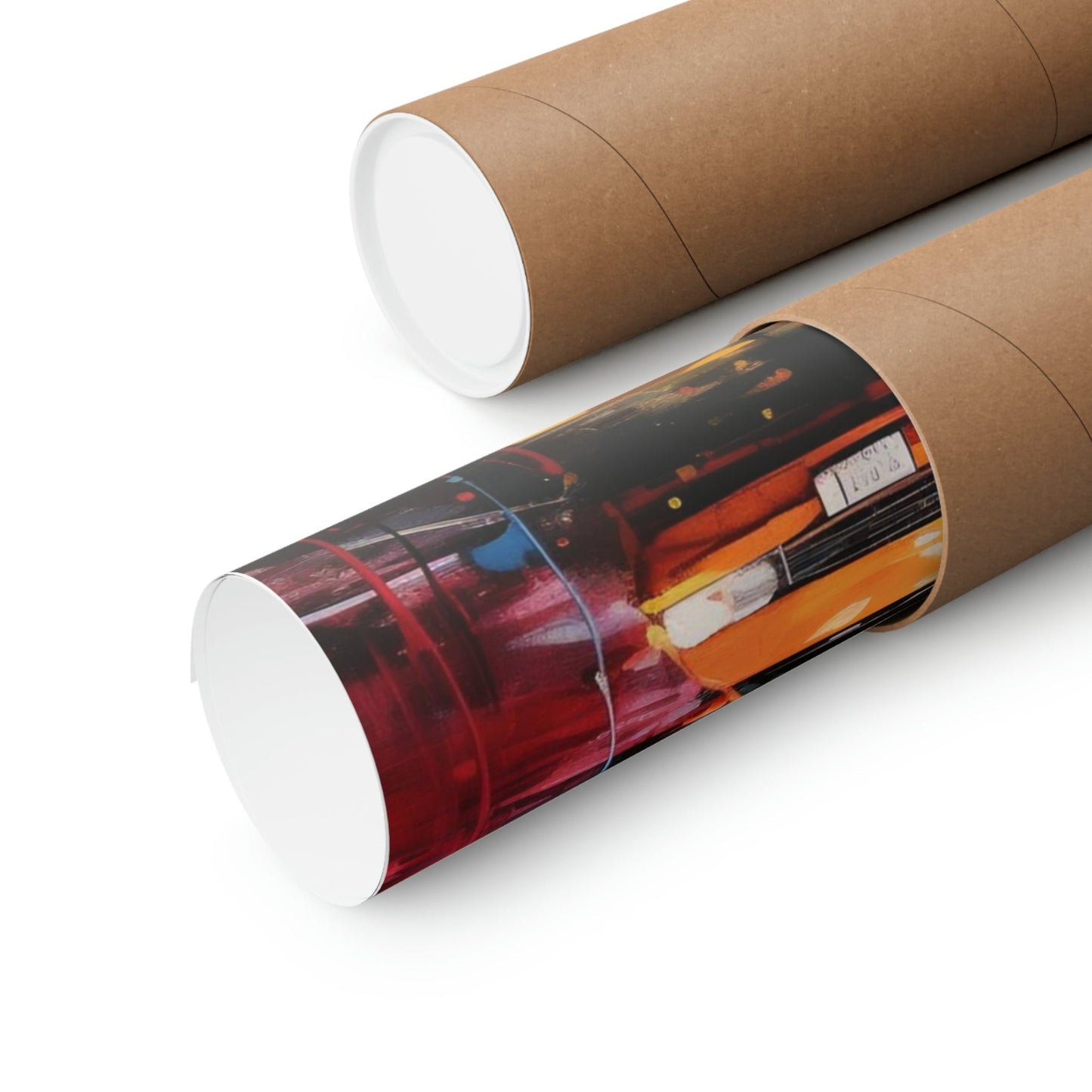 Rolled-up poster or print in a cardboard tube, with a colorful image visible on one end.