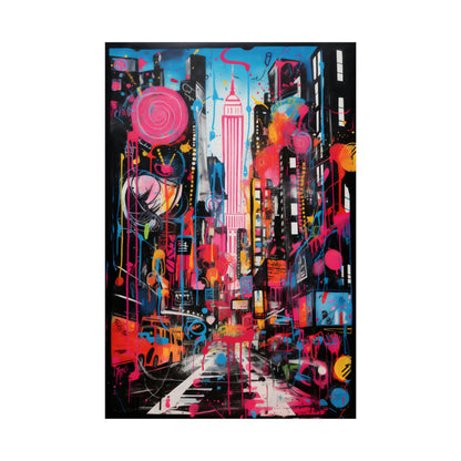 Vibrant, colorful painting of a bustling New York City street scene featuring the Empire State Building.