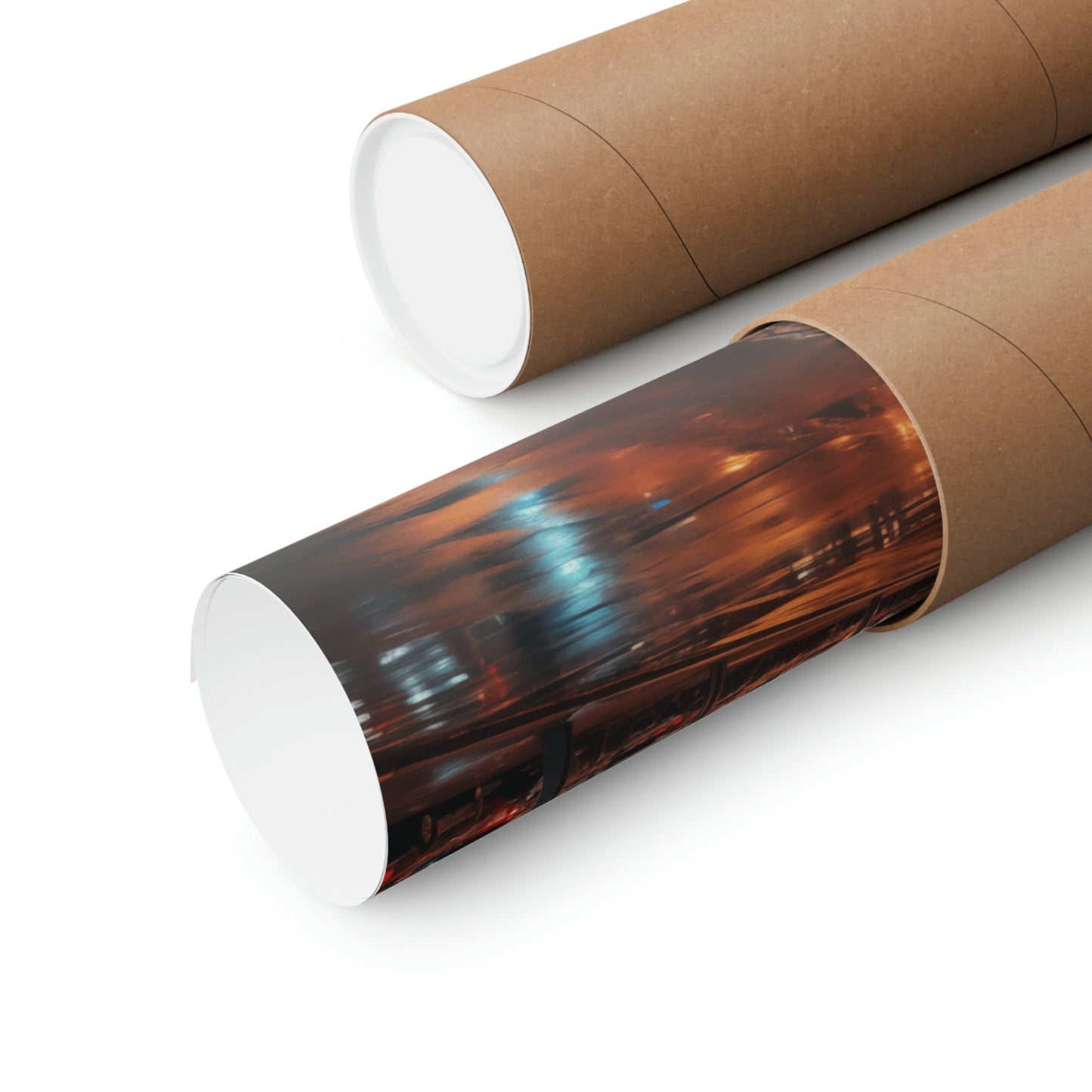 Rolled-up poster or print featuring a blurred cityscape image.