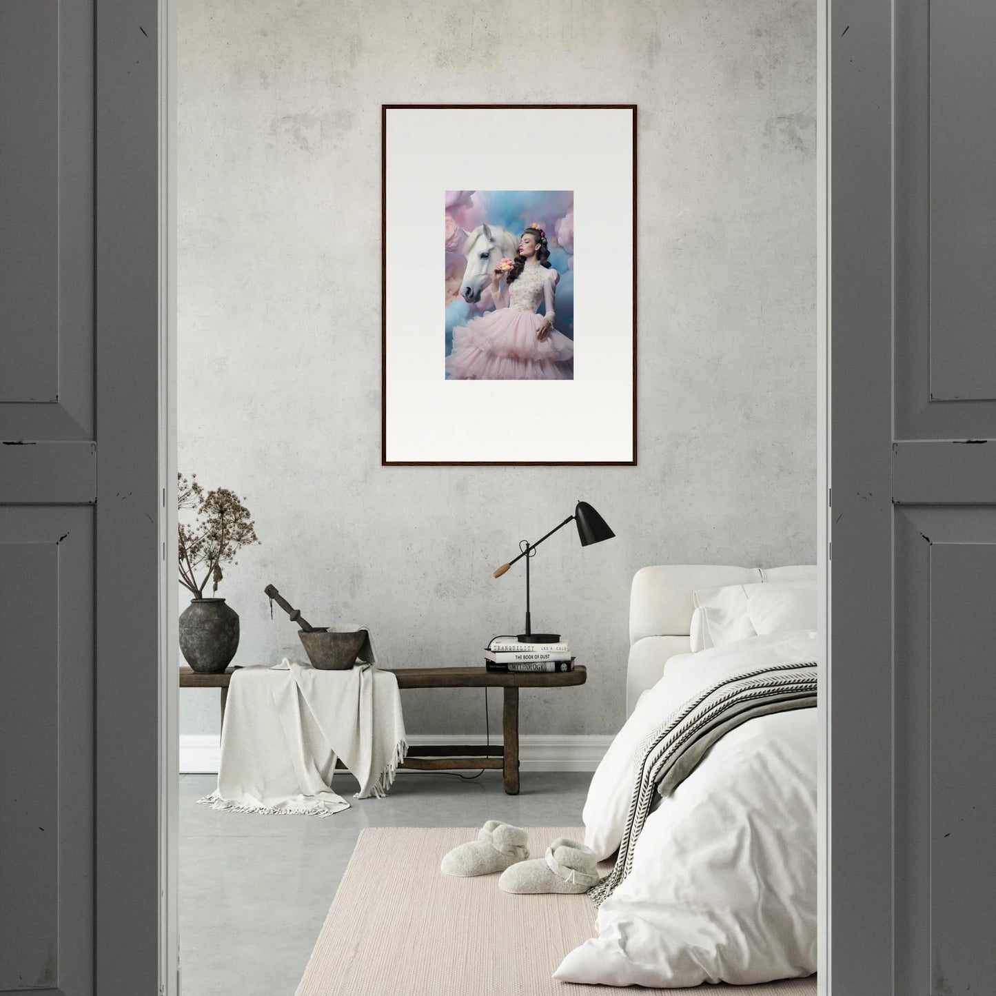 Framed artwork depicting two figures in pastel colors against a dreamy background.