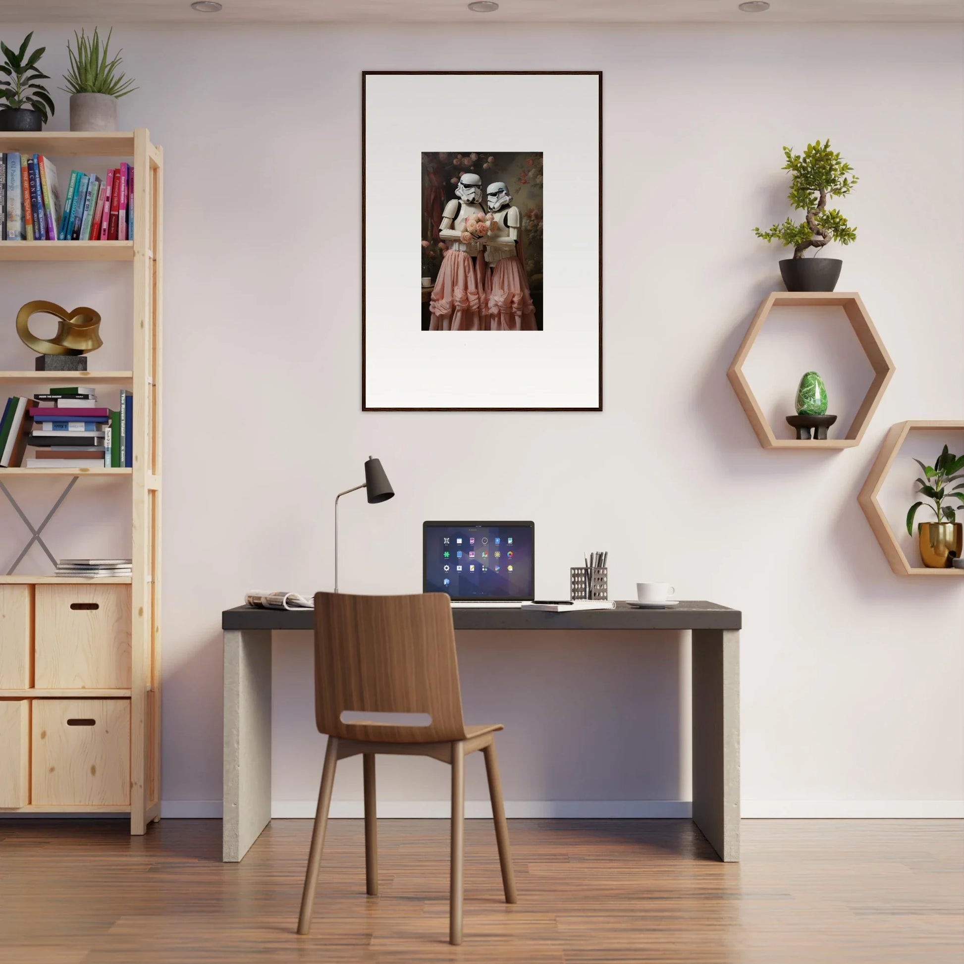 Home office workspace with a desk, chair, and decorative wall elements.